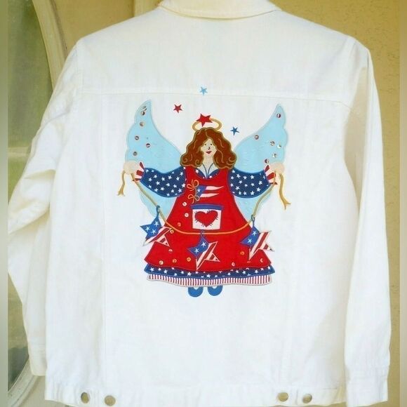 Quacker Factory Women’s Size 1X Patriotic Denim Jacket • White Angel Stars GUC - Picture 2 of 3